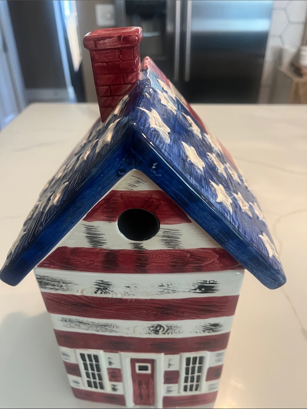Vintage 90s Sakura Red Blue schoolhouse cookie jar hand painted Kimble Imported